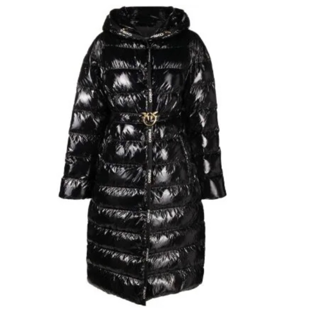 Pinko Shiny Black Belted Hooded Coat